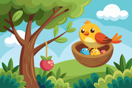 Diligent Bird Constructs Cozy Nest Amidst Verdant Foliage of a Treeのイラスト素材