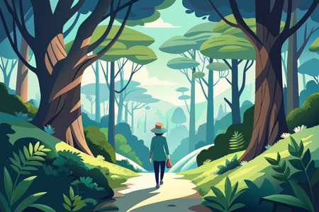 Tranquil Stroll through a Serene Landscape: A Solitary Figure Amidst Nature's Embraceのイラスト素材