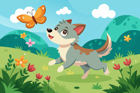 Playful Puppy Pursues Butterflies in a Field of Flowersのイラスト素材