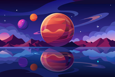 Captivating Illustration of a Planet's Surface Reflecting a Distant Starのイラスト素材