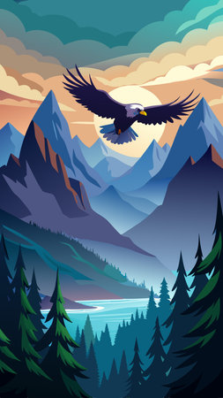 Majestic Eagle Soaring High Above Misty Mountain Peaksのイラスト素材