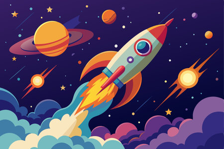 Rocket flying in space. Vector illustration in flat cartoon style. Space exploration.のイラスト素材