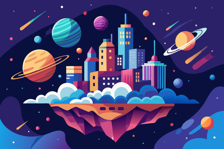 Futuristic Metropolis Suspended in an Expansive Cosmic Oceanのイラスト素材