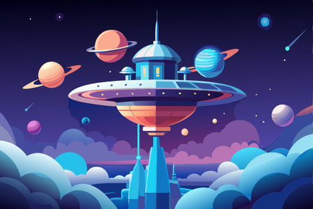 Futuristic Space Station Orbiting the Earth, Digital Illustrationのイラスト素材