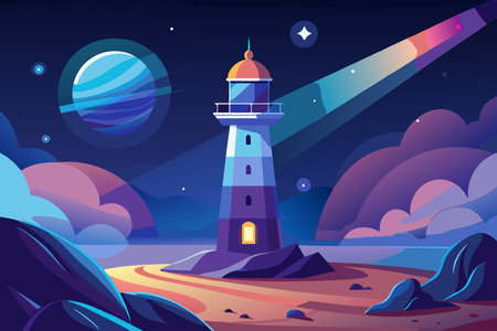 Illuminating the Cosmos: A Space Lighthouse Guides the Way Through the Celestial Voidのイラスト素材