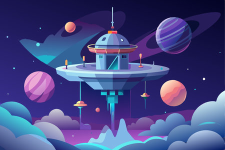 Majestic Space Station Orbits Earth, a Celestial Wonder at a Distanceのイラスト素材