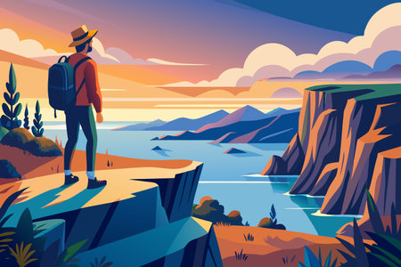 Solo Traveler Standing on a Majestic Cliff Overlooking a Stunning Scenic Valleyのイラスト素材