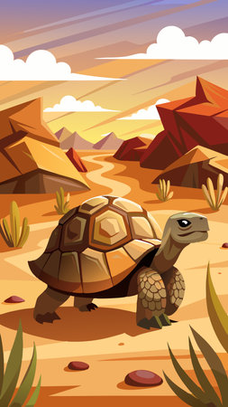Tortoise Ambles Across Sandy Terrain in Slow and Steady Stepsのイラスト素材
