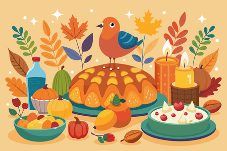Festive Thanksgiving Feast with Roast Turkey and Autumn Delicaciesのイラスト素材