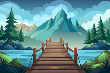 Wooden Bridge Extending into the Mysterious Mist of Serene Forestのイラスト素材