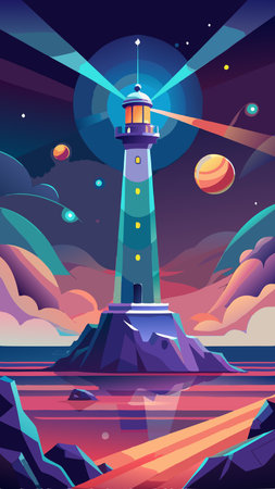 Futuristic Space Lighthouse Illuminating the Darkness of the Cosmic Voidのイラスト素材