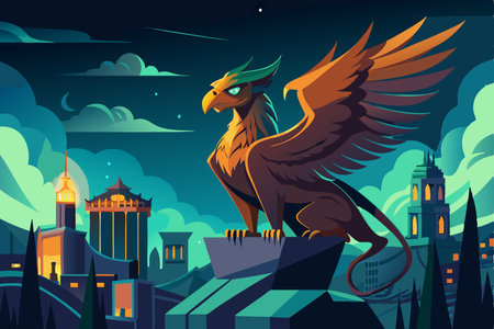Majestic Griffin's Vigil Over a Glowing Metropolis at Nightのイラスト素材