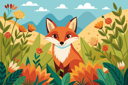 Fox Camouflages Amidst a Vibrant Meadow Tapestryのイラスト素材