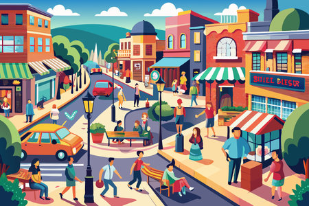 City Street Bustling with Life and Architectureのイラスト素材