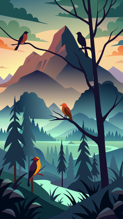 Captivating Symphony of Birds Perched on Majestic Tree Branchesのイラスト素材
