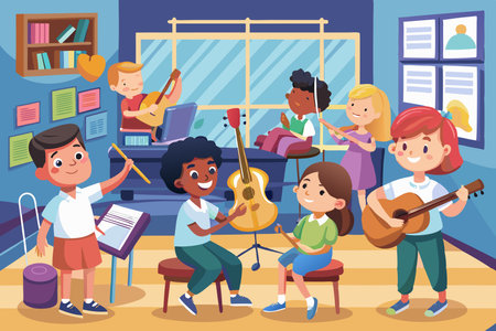 Cheerful Children Joyfully Playing Musical Instruments in a Classroomのイラスト素材