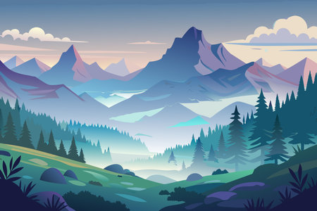 Ethereal Morning Fog Rolls Over Serene Landscape (3)のイラスト素材