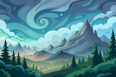 Ethereal Mist Swirling Around Majestic Mountain Peakのイラスト素材