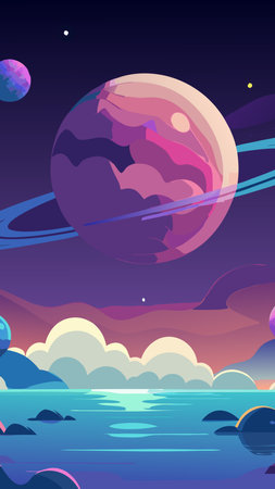 Planets Emerge from Cosmic Embrace in Misty Dawn's Glowのイラスト素材