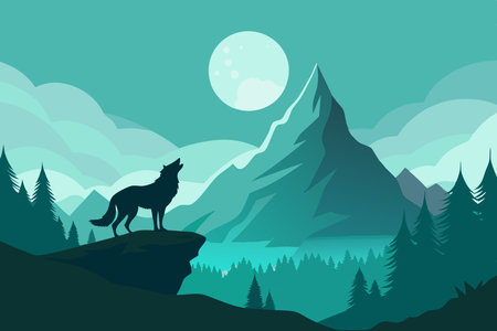 Silhouette of a Wolf Howling at the Moon in the Dark Forestのイラスト素材
