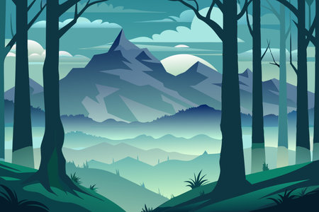 Majestic Tree Trunks Silhouetted Against a Serene Sunset Canopyのイラスト素材