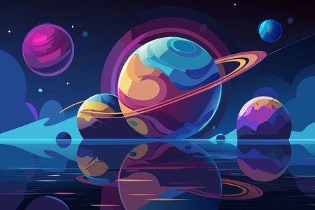 Celestial Reflections: Planets Mirror in the Cosmic Seaのイラスト素材