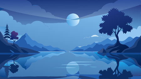 Silhouette Lake Reflection at Sunset: Serenity on the Watersのイラスト素材