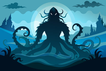 Eerie Silhouette of a Kraken Emerging from the Depths of the Oceanのイラスト素材
