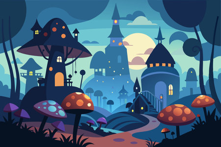 Enchanting Mushroom Village Hidden in a Silhouetted Forestのイラスト素材