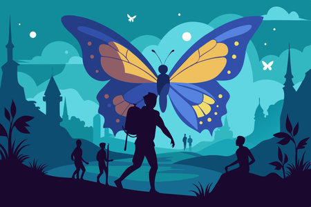 Enchanting Silhouette of a Mystical Butterfly Guiding a Lost Soulのイラスト素材