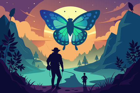 Mystical Silhouette of a Butterfly Guiding a Wandering Heartのイラスト素材