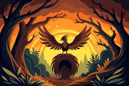 Mysterious Phoenix Silhouette Nesting in an Ancient Tree Hollowのイラスト素材