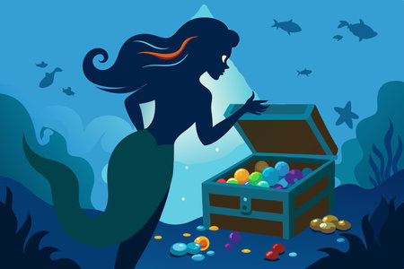 Silhouette of a Curious Mermaid Investigating a Sunken Treasure Chest in the Deep Oceanのイラスト素材