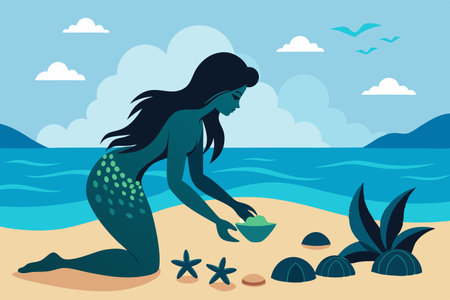 Silhouette of a Solitary Mermaid Gathering Seashells at the Beachのイラスト素材