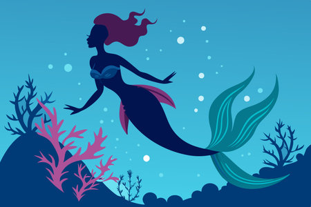 Enchanting Silhouette of a Mermaid with a Shimmering Tail in the Waterのイラスト素材