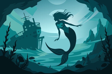 Underwater Adventure: A Mermaid Discovers a Forgotten Shipwreckのイラスト素材