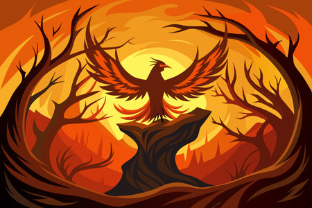 Phoenix Rising from the Ashes in a Fiery Tree Silhouetteのイラスト素材