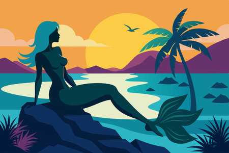 Serene Silhouette of a Mermaid Relaxing on a Coastal Rockのイラスト素材
