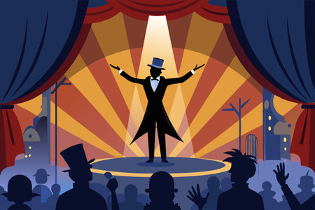 Enigmatic Silhouette of a Magician Conjuring Illusions on a Majestic Stagのイラスト素材