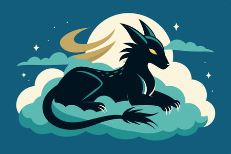 Enigmatic Silhouette of a Resting Mythical Beast on a Misty Cliffのイラスト素材