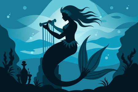 Ethereal Silhouette of a Mermaid Playing Harp Underwaterのイラスト素材