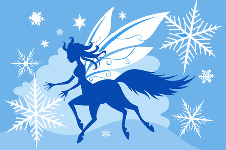 Ethereal Silhouette of a Snow Fairy Gliding on a Frozen Snowflakeのイラスト素材