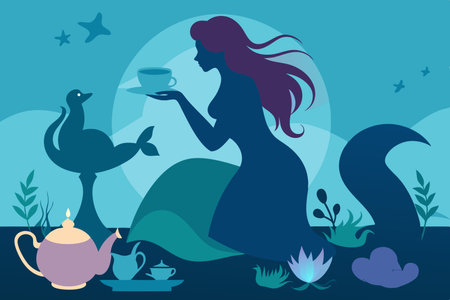 Enchanting Silhouette of a Mermaid in an Underwater Tea Party with Sea Creaturesのイラスト素材