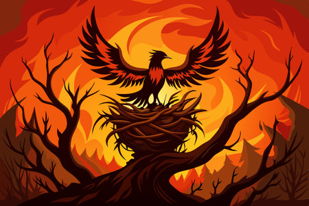 Majestic Phoenix Rises from Fiery Nest Amidst an Embers Treeのイラスト素材