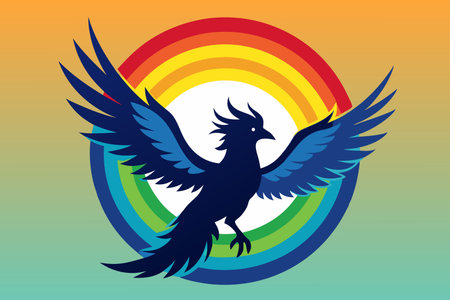 Majestic Phoenix Silhouetted Against a Vibrant Rainbow Archのイラスト素材
