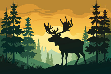 Majestic Moose Silhouette in the Enchanting Forestのイラスト素材
