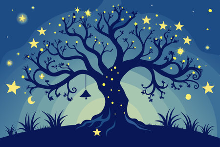 Wish-Granting Tree Silhouetted Against a Starry Night Skyのイラスト素材