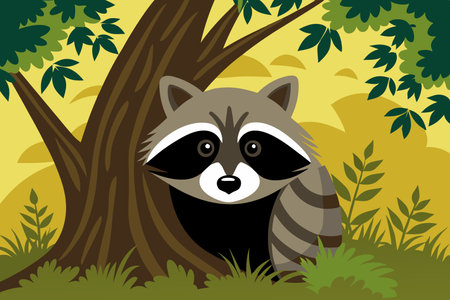 Shadowy Raccoon Peering Cautiously from Tree Cavityのイラスト素材