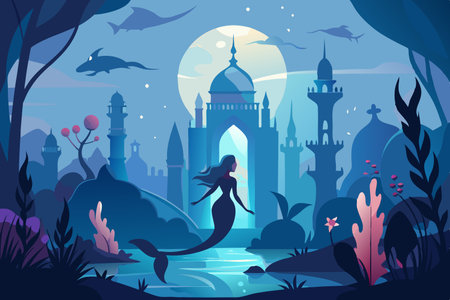 Silhouette of a Mermaid Swimming Beside a Friendly Underwater Dolphinのイラスト素材