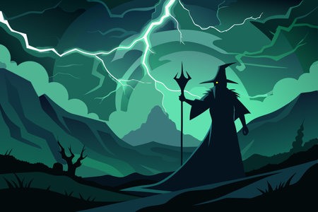 Enigmatic Wizard Conjures Elemental Fury with a Stroke of His Wandのイラスト素材